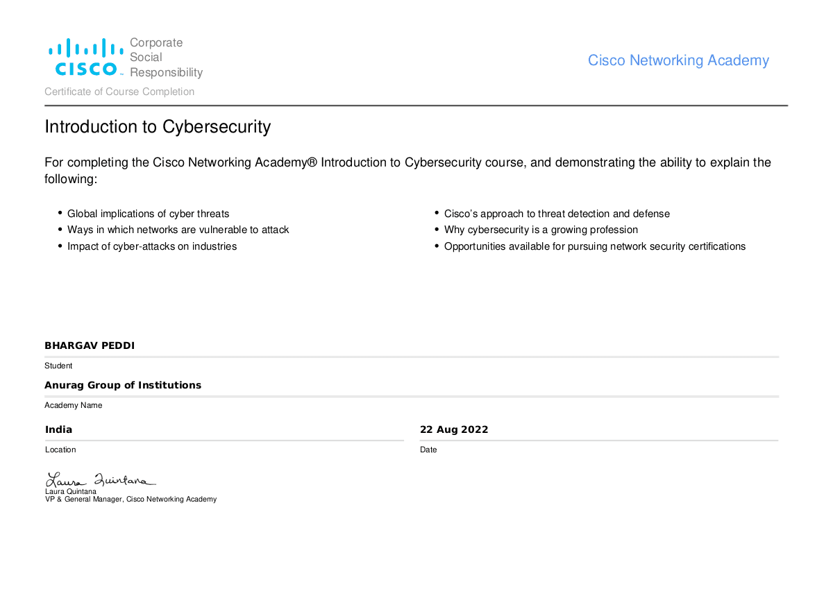 Introduction to Cybersecurity certificate