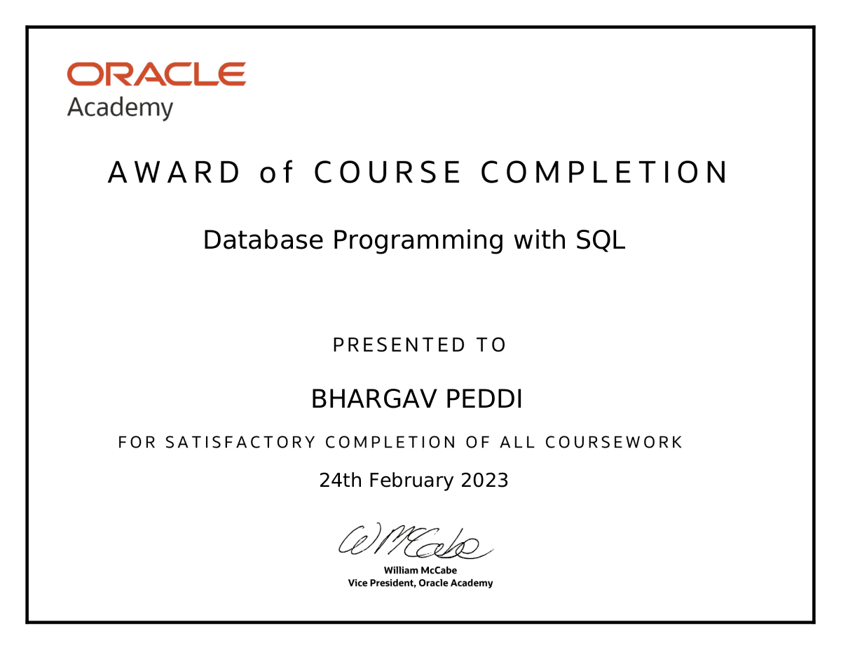 Database Programming with SQL certificate