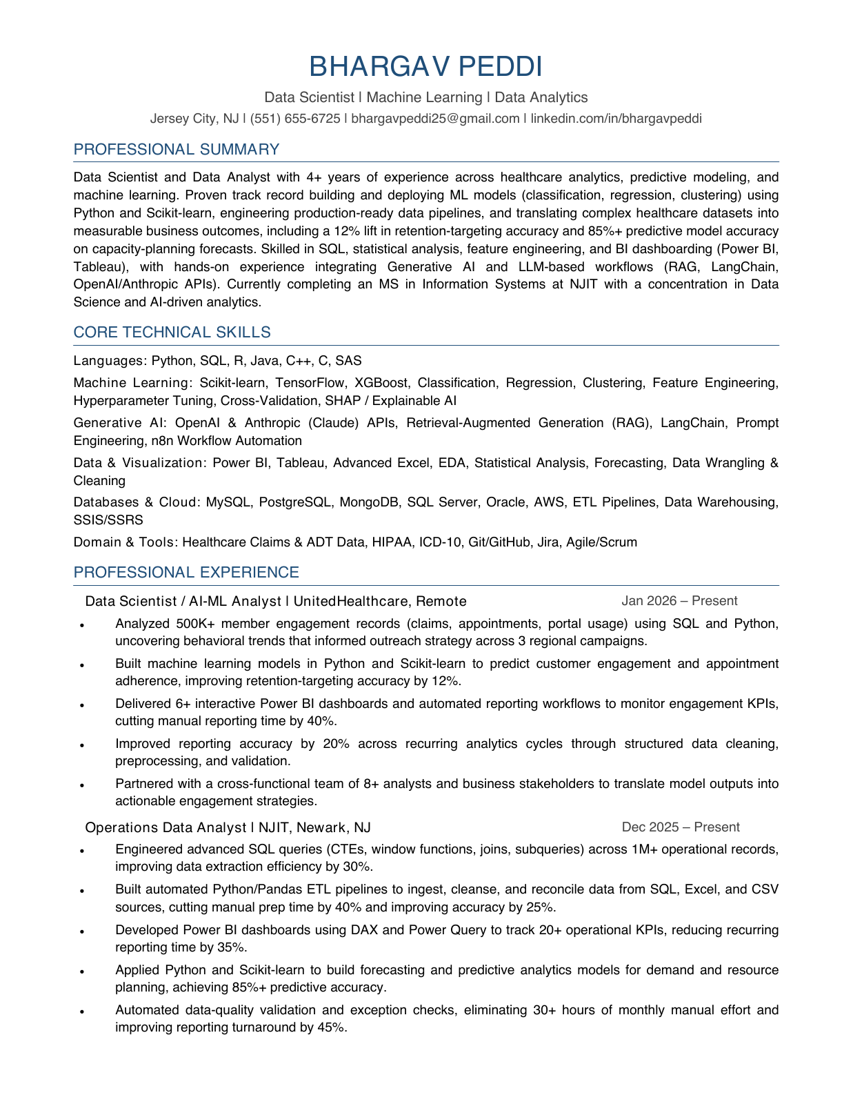 Bhargav Peddi | Résumé, page 1
